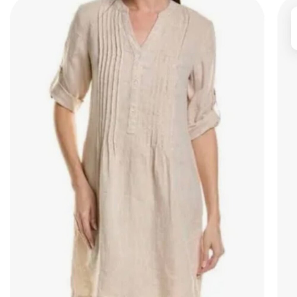 J. McLaughlin Riviera Linen Roll Tab Sleeve Dress Oatmeal SIZE SMALL